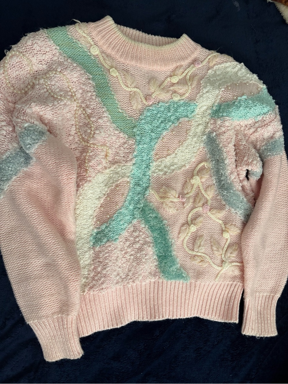 & Other Stories Pastel Pink Textured Knit Sweater with Mint and Cream Detailing